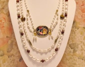 Vintage Inspired Pearl Necklace with Floral Glass Centerpiece - Three Strands Can be worn with One, Two or All Three