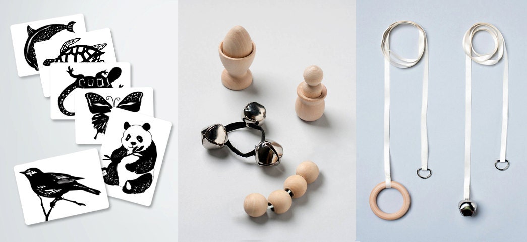 Montessori Toys (egg and peg with cup, grasping beads, rattle) , Hanging Toys  (ring and bell) and Black & White Animal Art Cards (PDF) Set