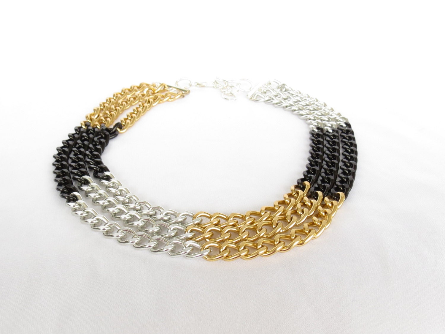 Thick Chunky Chain- Statement Chain Necklace- Curb Chain Link- Gold-Silver-Black Finished Aluminum Metal Necklace- 3 Strand