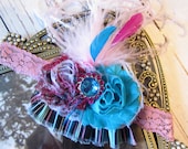 Pink and Turquoise Chiffon Flowers,Curly Ostrich, Coque Feathers, Fabric and Lace Ruffle, Marie Antoinette Inspired Headband or Hair Clip