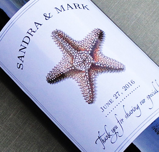 Starfish Wine Label for Beach Wedding, Set of 18 Personalized