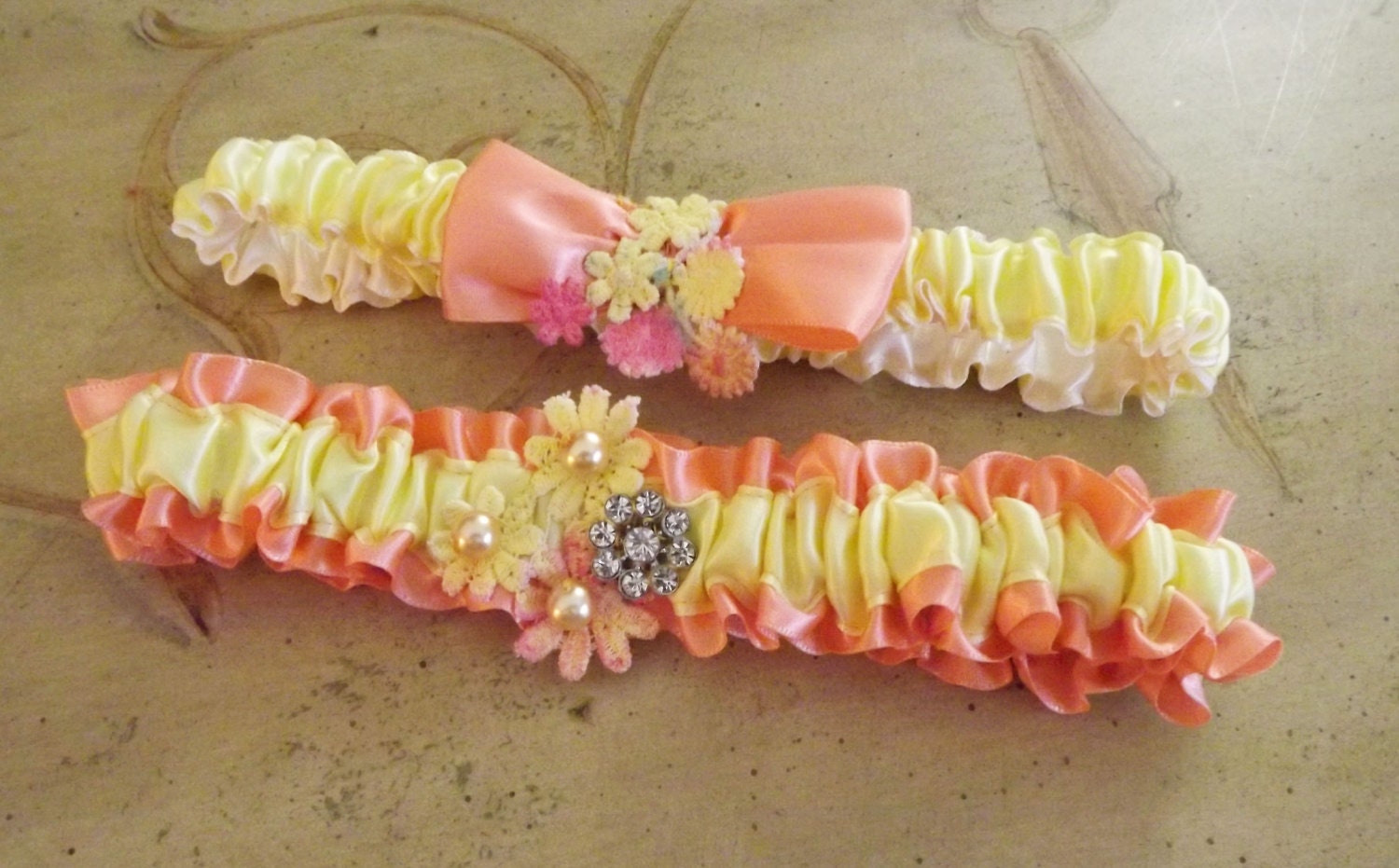 Nectarine Orange and Lemon Zest Yellow Bridal Garter Set Wedding Garters Pantone Colors