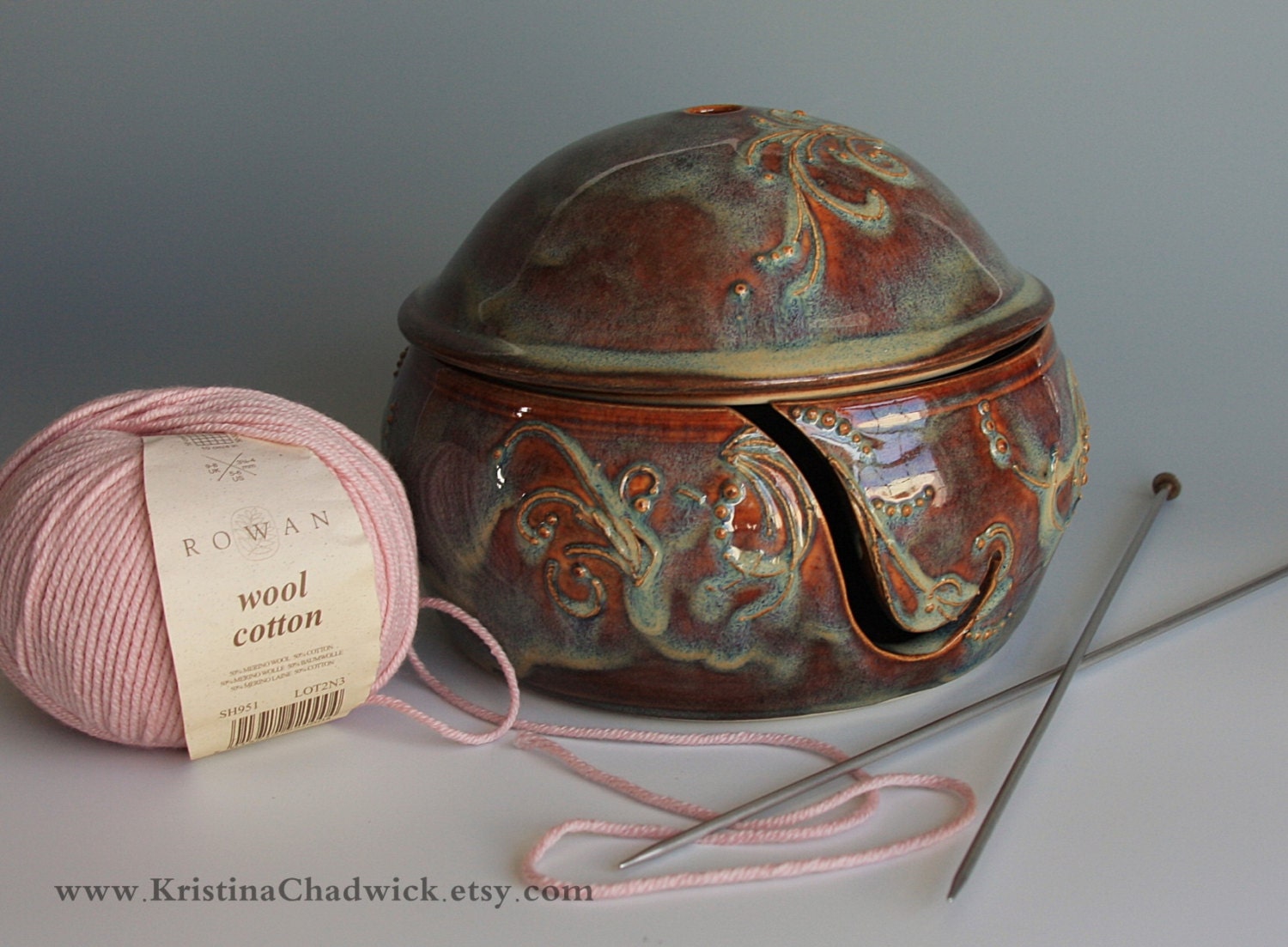 Lidded Yarn Bowl in Rust/Green/Brown - Vogue Knitting LIVE NYC