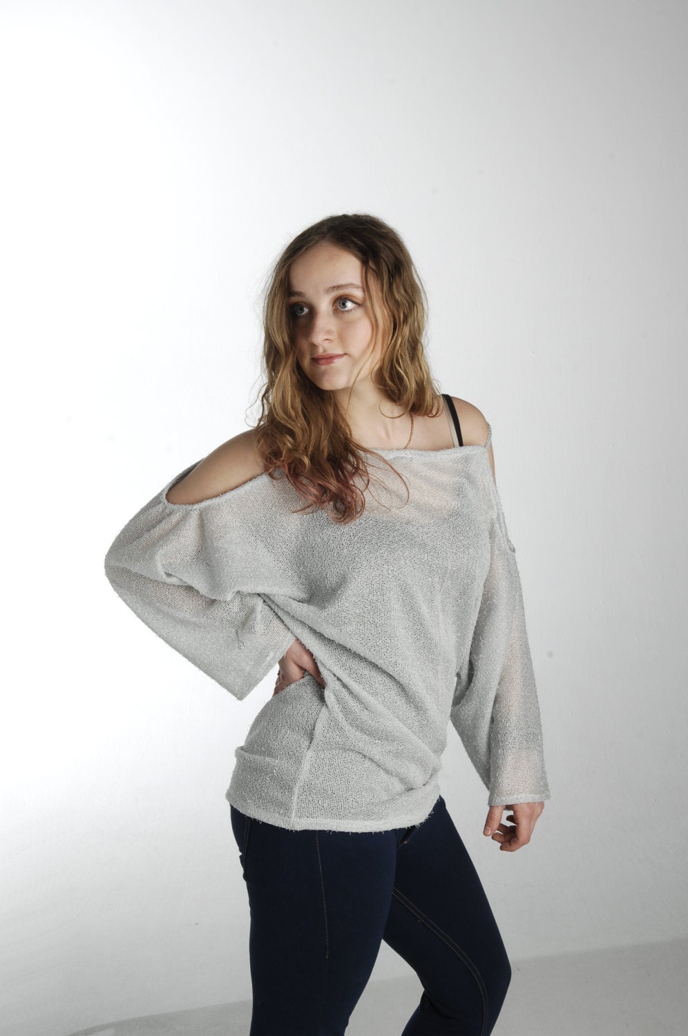 Sheer gray sweater - loose bohemian shirt -  romantic baggy off shoulder top - party clothing - Eco friendly fashion - S M L - US 6 8 10