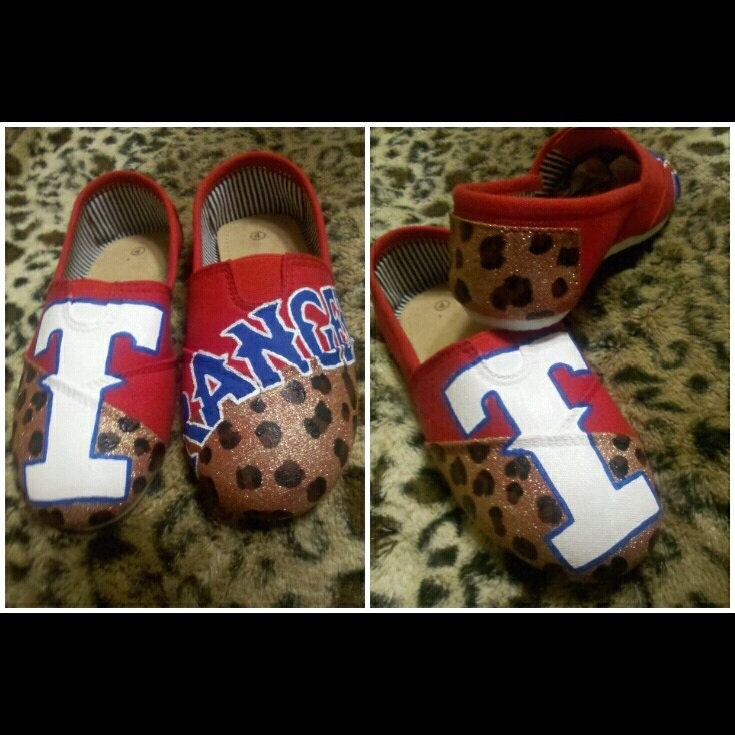 Custom Handpainted Texas Rangers Slip On Shoes w/ Glitter Leopard Print Like Toms
