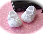 Baby Girl Christening Shoes - White Baptism Booties - Modern Crochet Dedication Mary Janes - Infant Size 2 - 3 to 6 Months - Ready to Ship