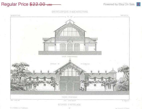 1873 Architectural Print Horse Stables France Steel Engraving Home Decor