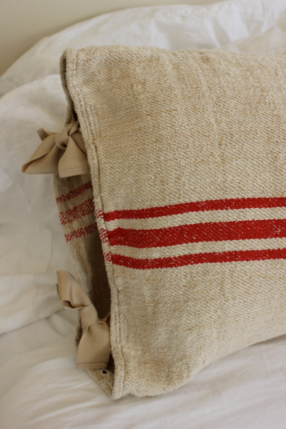 Vintage French Grain Sack Body Pillow Sham Red Reversible