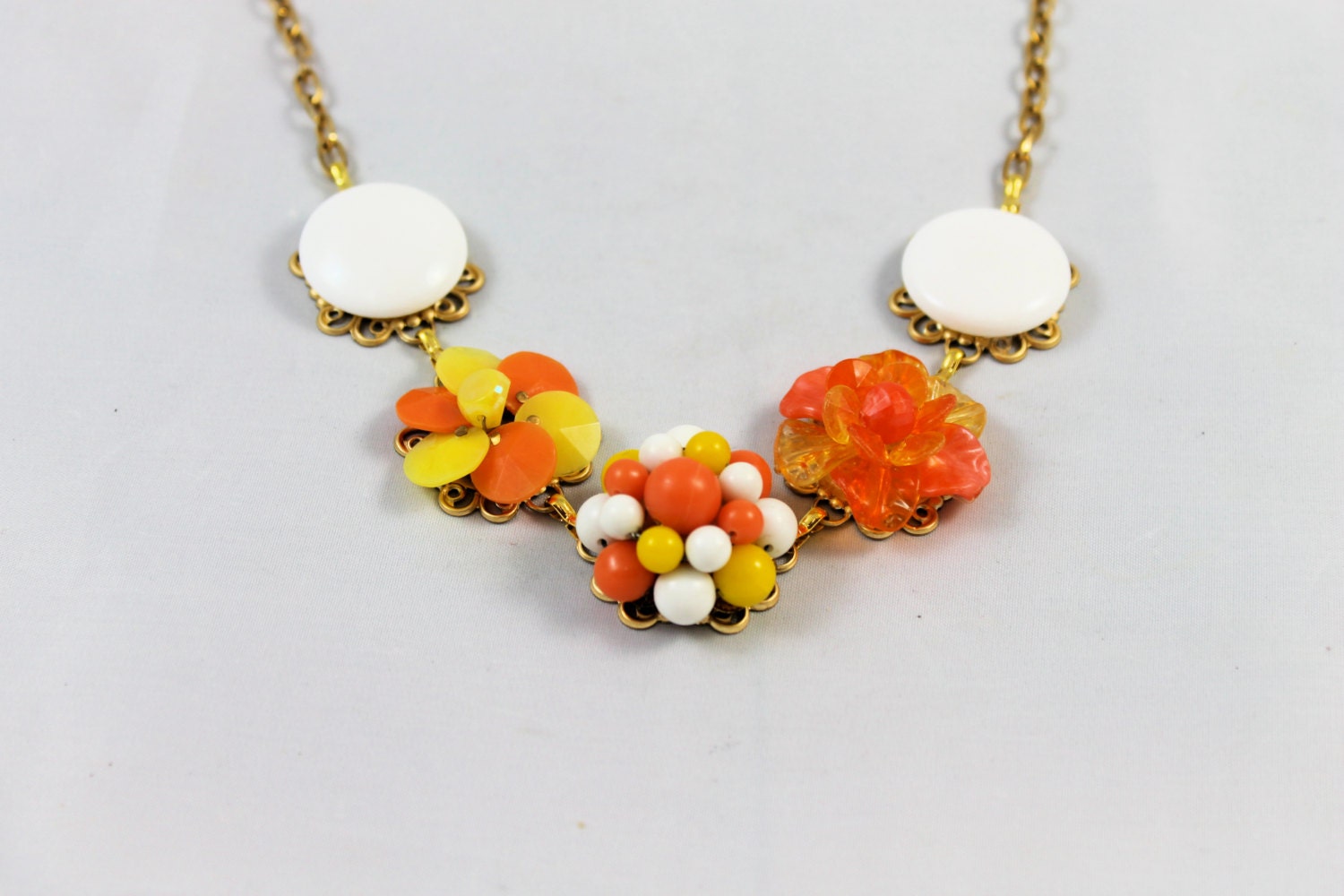 Upcycled earring necklace orange yellow white choker chunky vintage lucite mod 60's retro bridesmaid repurposed
