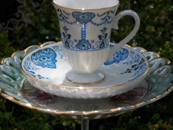 Blue, Sage Green & White Teacup Bird Feeder - Shabby Chic - Upcycled China