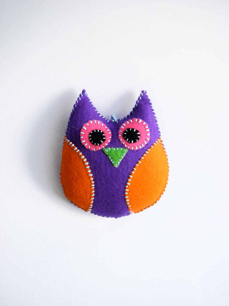 Felt Owl Ornament - Stuffed Owl - nursery decoration - purple, orange
