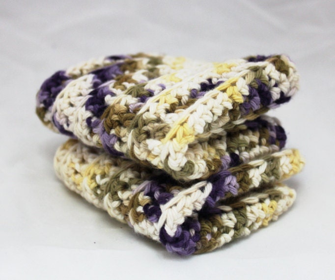 Crochet Dishcloth / Washcloth - Set of 2 - Super Soft 100% Cotton - Purple, Yellow, White, Green