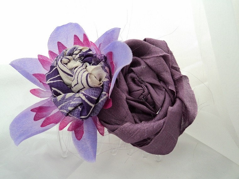 Vintage Fabric flower hair comb/ up-cycled recycled sustainable accessories