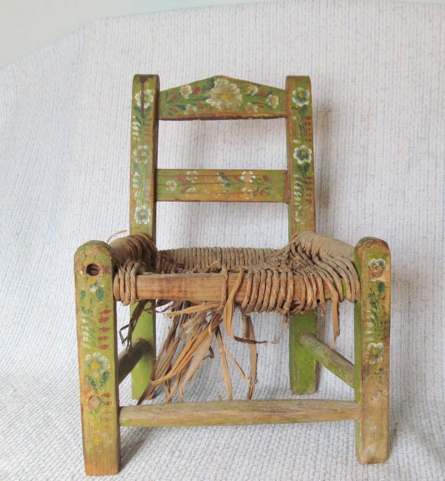 Antique Childs Chair Green Painted Wood Furniture Wooden Childrens Home Decor
