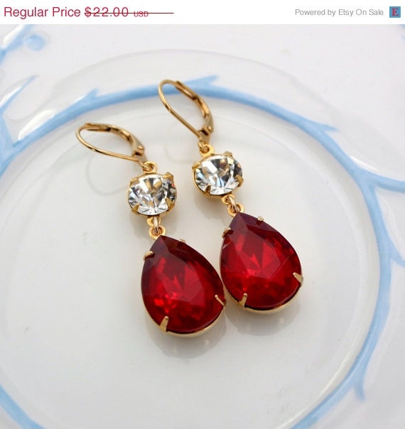 Summer Sale: Double crystal and Siam red Estate style gold drop earrings