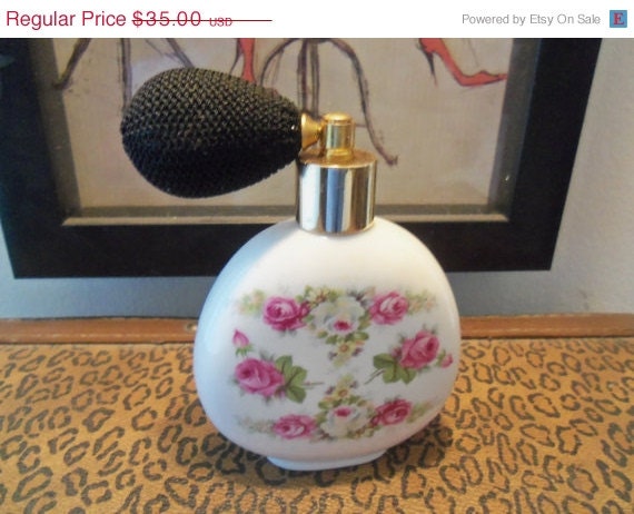 1950's 1960's Vintage Flowered Perfume Bottle Atomizer Collectible Retro Vanity Mid Century Home Decor Mad Men Mod