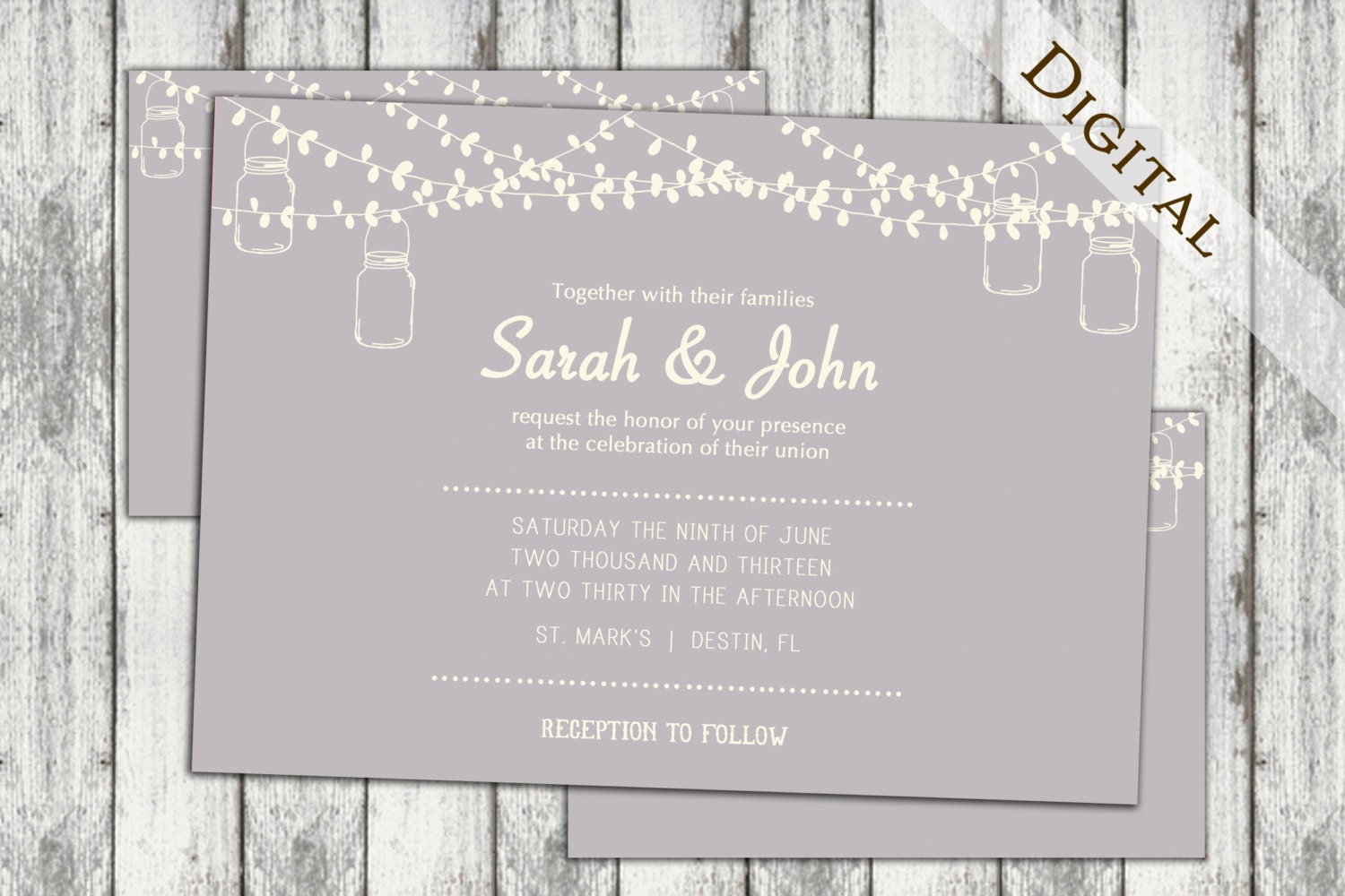 Mason Jar Wedding Invitation: 5x7 Save the Date Template, diy, printable, digital, string lights, vintage, purple, postcard, Z
