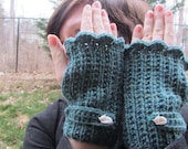 Vintage Inspired Fingerless Gloves in Heather Jade with Sleeping Fox Buttons