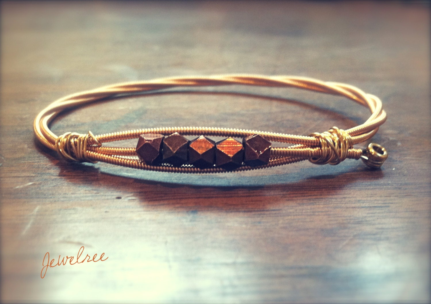 Geometric Copper Beaded Guitar String Bangle Bracelet