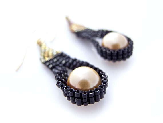 Champagne Pearl Earrings, Black Beaded Earrings, Dangle Earrings, Luxe Earrings, OOAK Earrings, Handmade by JeannieRichard
