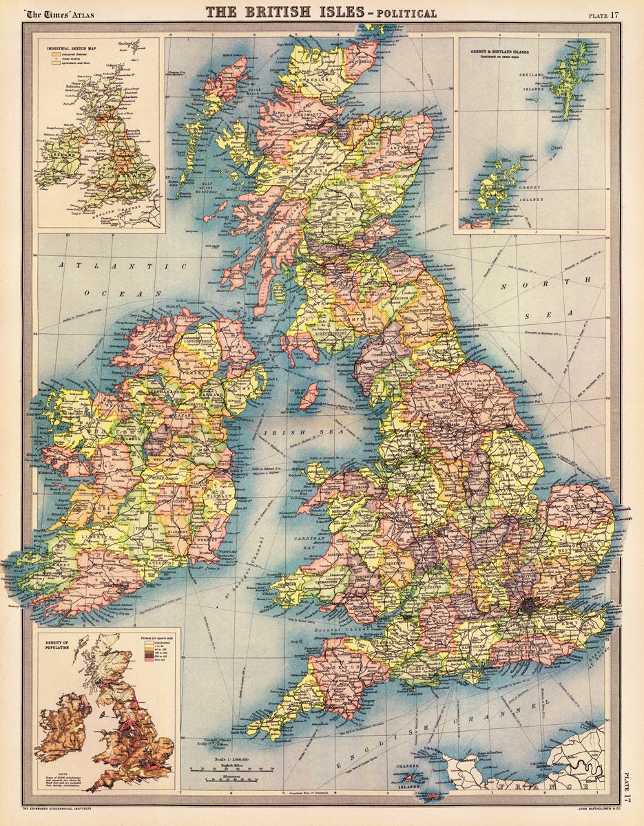 Antique map - British Isles vintage map - 34 x 27 " - Print