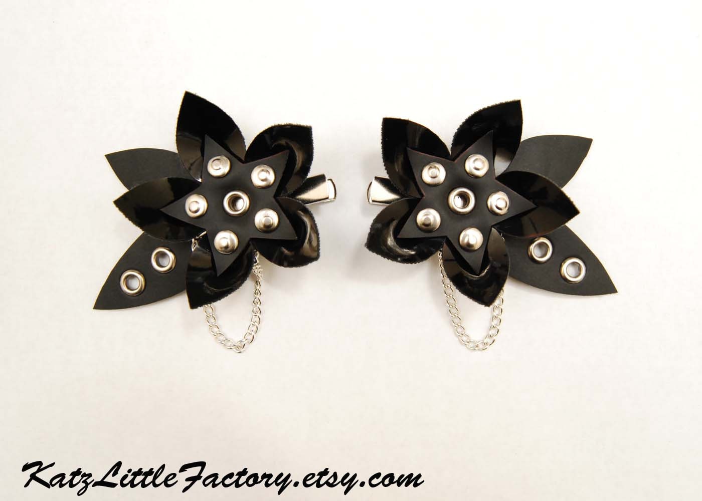 Pair Cyber Flower hair clips - Matt black and shiny black PVC studded  gothic industrial mechanical flowers