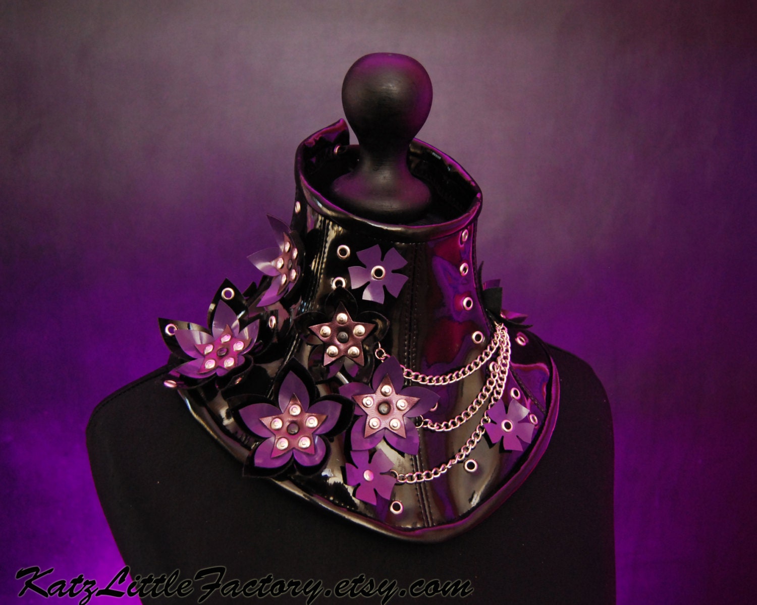 Black Purple and Lilac PVC Cyber Flowers neck corset with chains and studs