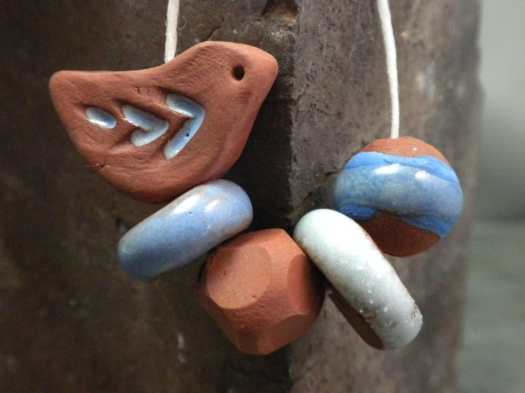 Periwinkle Bird- handmade ceramic bird bead set 1943