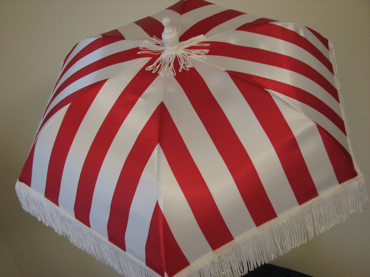 VICTORIAN PARASOL in Elegant Red and Pure White Stripe Satin and Embellished with White Fringe