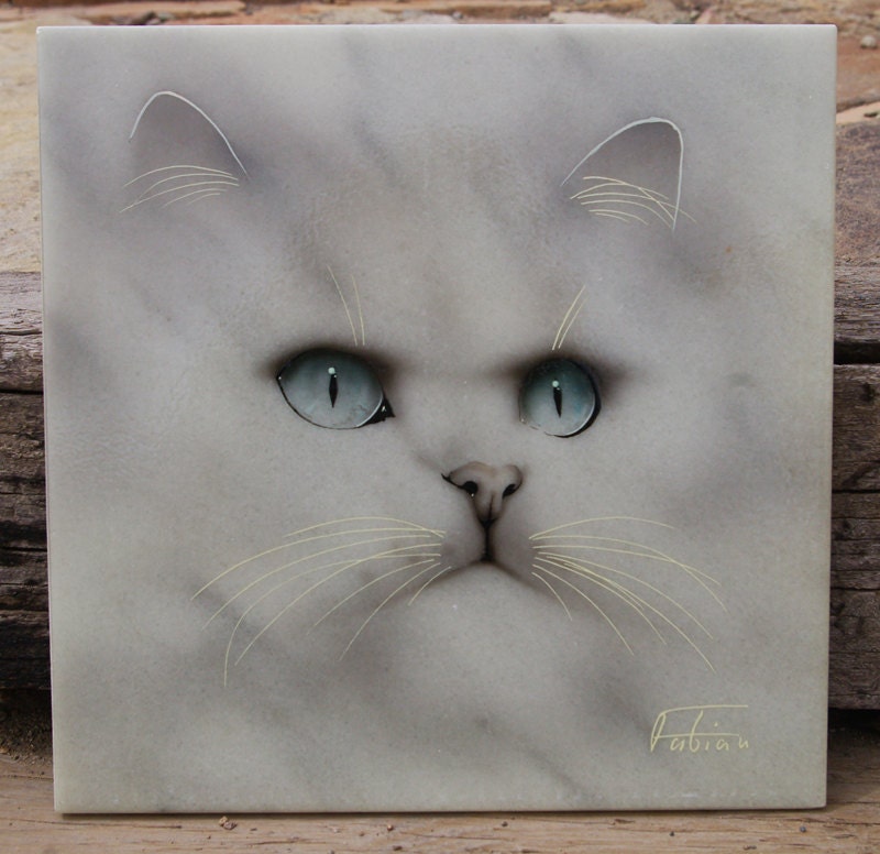 Original Cat Portrait on 12" x 12" Spanish Marble Tile - Hand Etched, Airbrushed, Painted, Varnished
