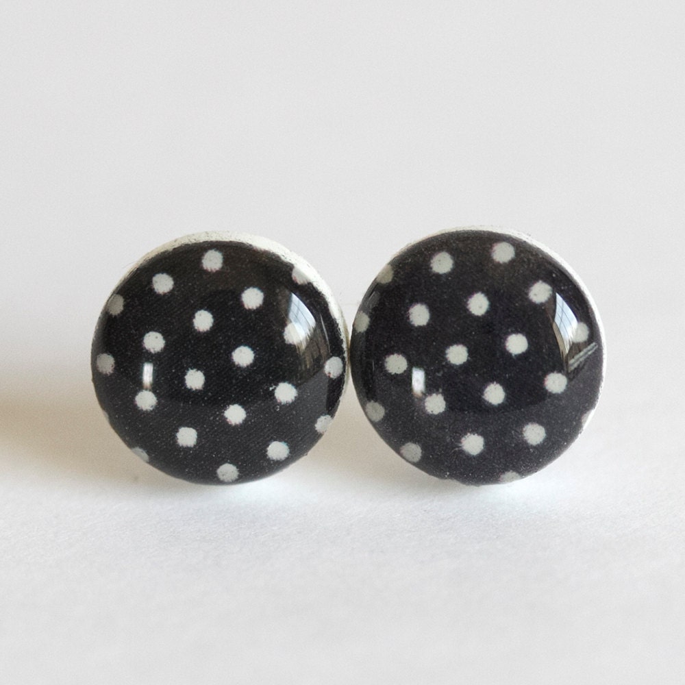 Black Polka Dots - Post earrings - Black and White Resin Jewelry - Handmade Polymer Clay Earrings