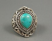 Vintage Thai Extra Ornate Sterling Natural Turquoise Tear Drop Size 6
