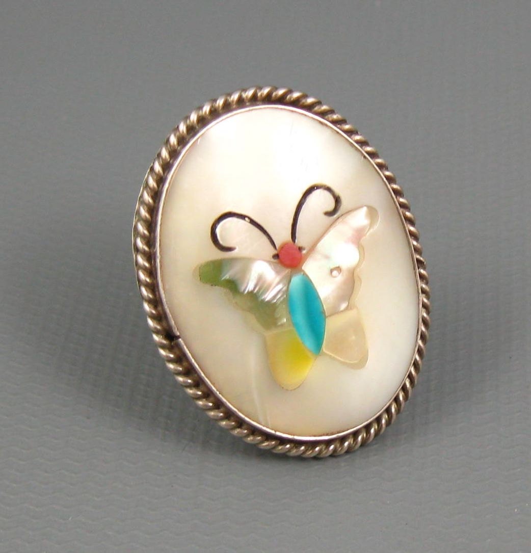 Another Pretty Vintage Zuni Turquoise MOP Shell Coral Inlay Butterfly Ring Size 7