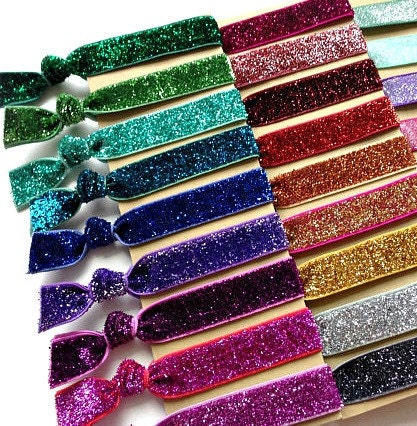 Pick 5 - SUPER SPARKLE  Elastic Hair Ties - Creasless Ponytail Holders - 18 colors available