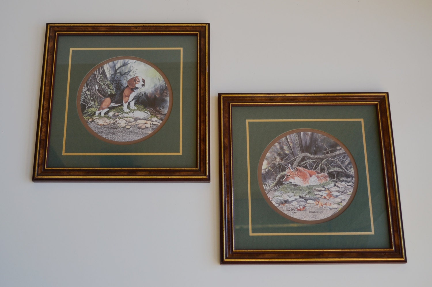 Vintage Pair of Framed & Matted Beagle Hound Dog Red Fox Prints by Don Easterwood