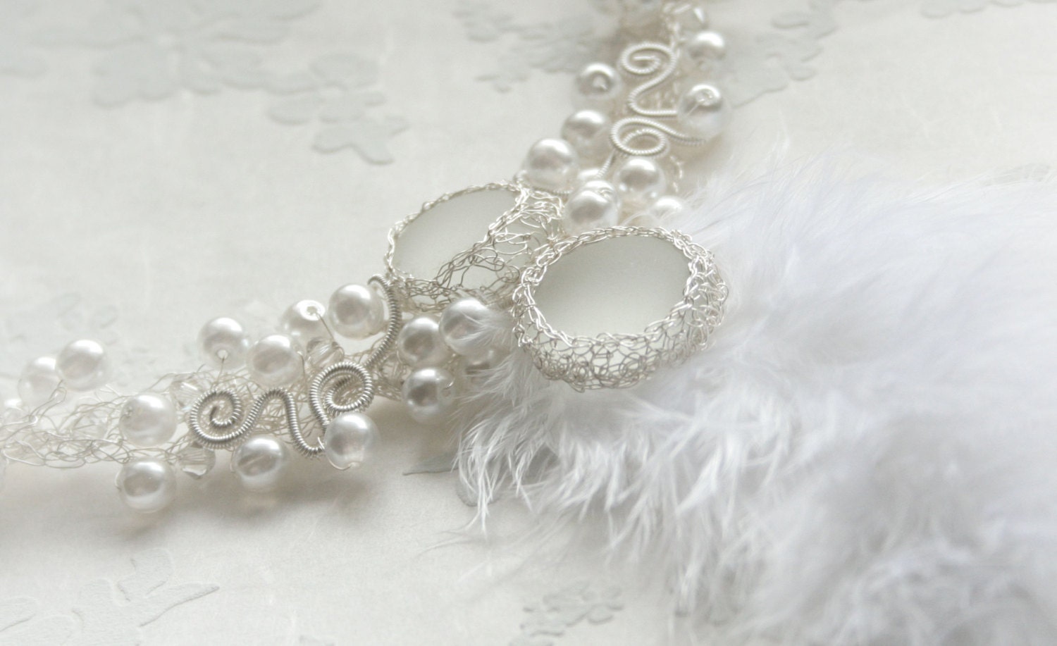 Madame Pompadour - white faux pearl with feather and glass cab fantasy style crocheted wire wrapped wedding statement necklace