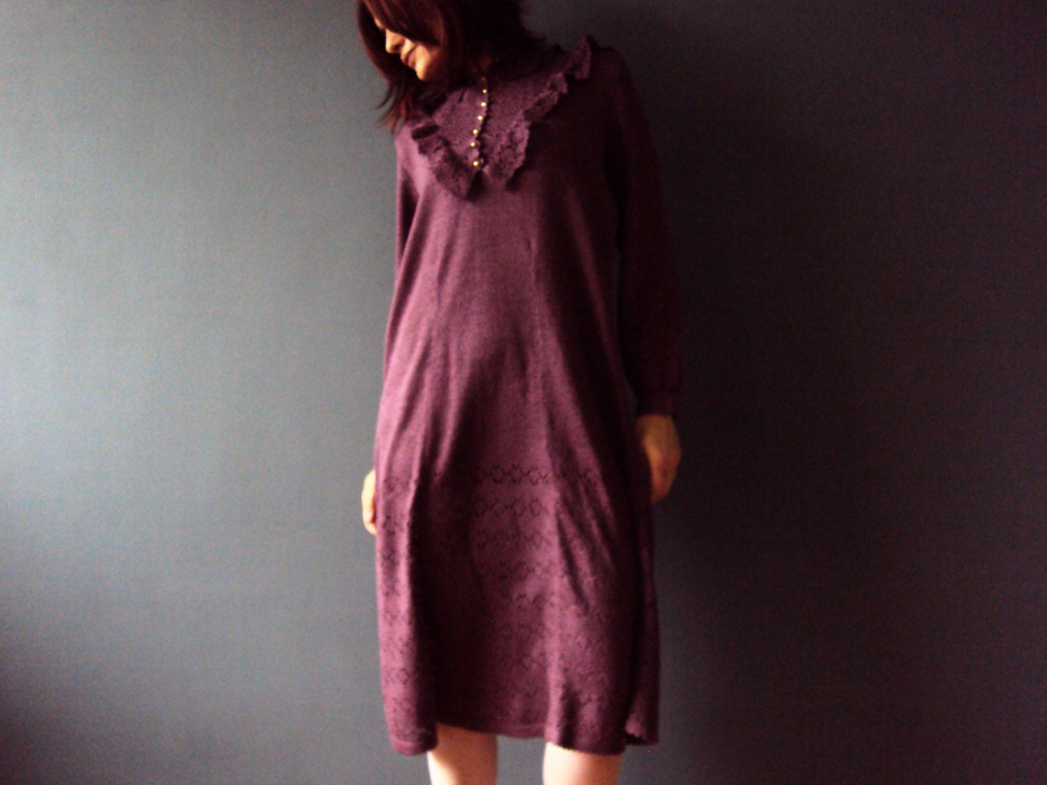 Vintage 80s Mulberry Purple Pointelle Knit Autumn Fall Tea Dress Sweater Dress Medium