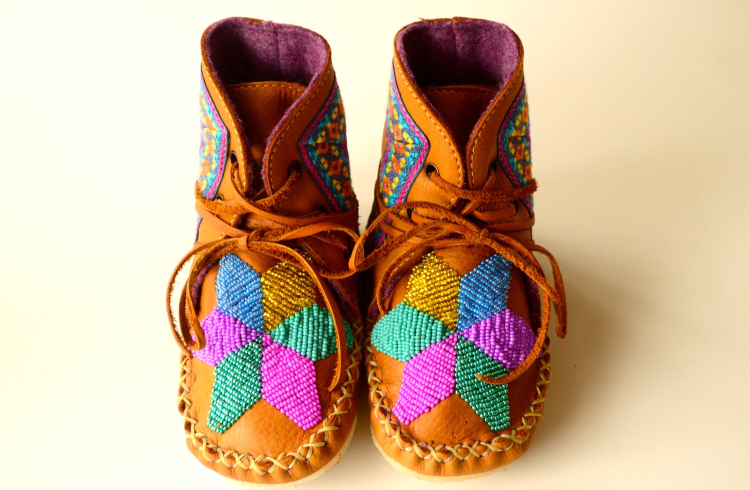 Baby and Toddler handmade leather beaded wool-lined moccasin winter boots with wool insole and crepe rubber sole