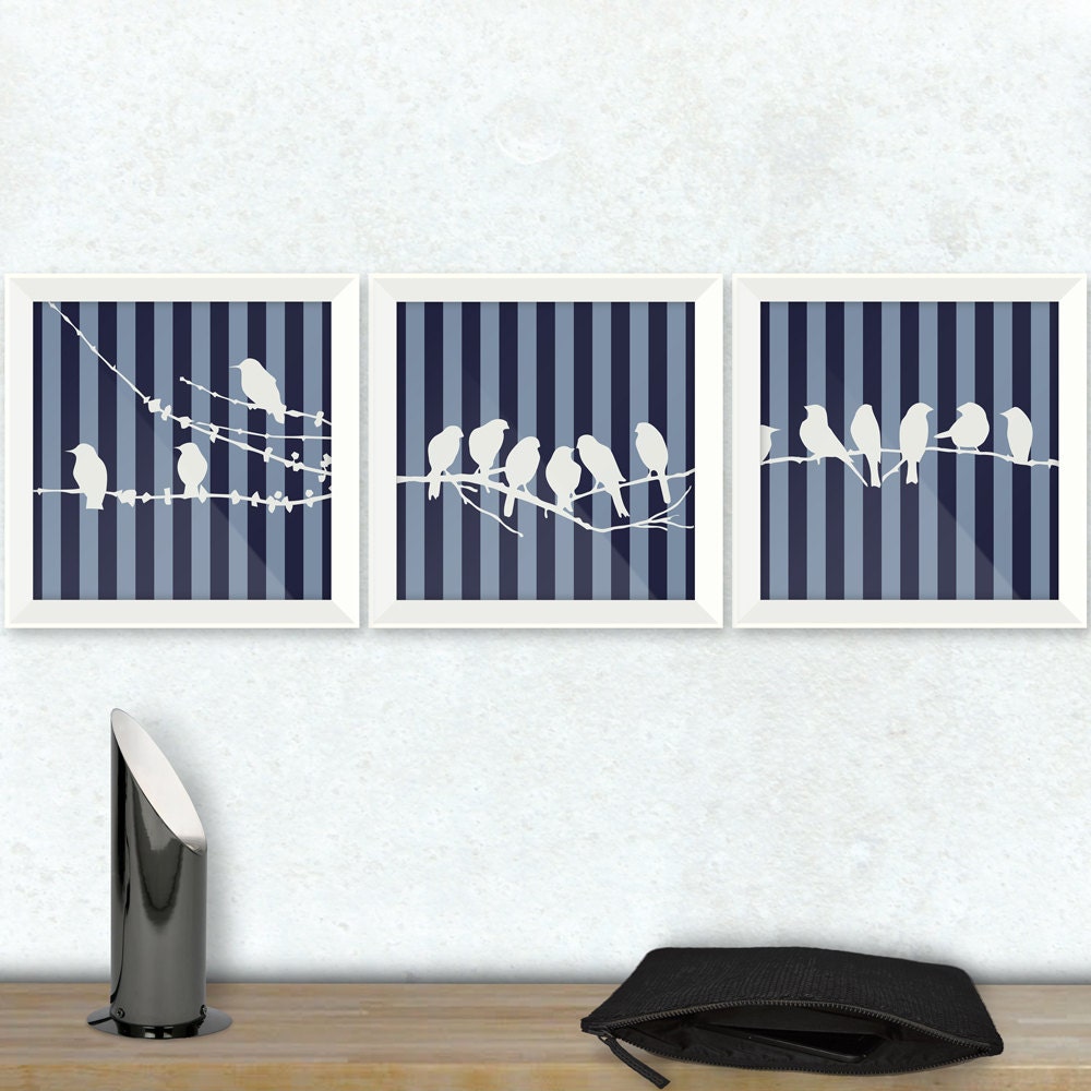 Birds on Tree Branches Art Prints, Printed Set of Three 8x8 inches with Stripes Background. Custom Colors for Your Home Decor