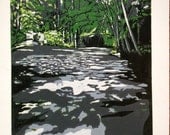 Shaded Path, original linocut of forest path, hiking in Seattle