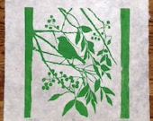 Little Bird, original woodbloock print, silhouette in kelly green