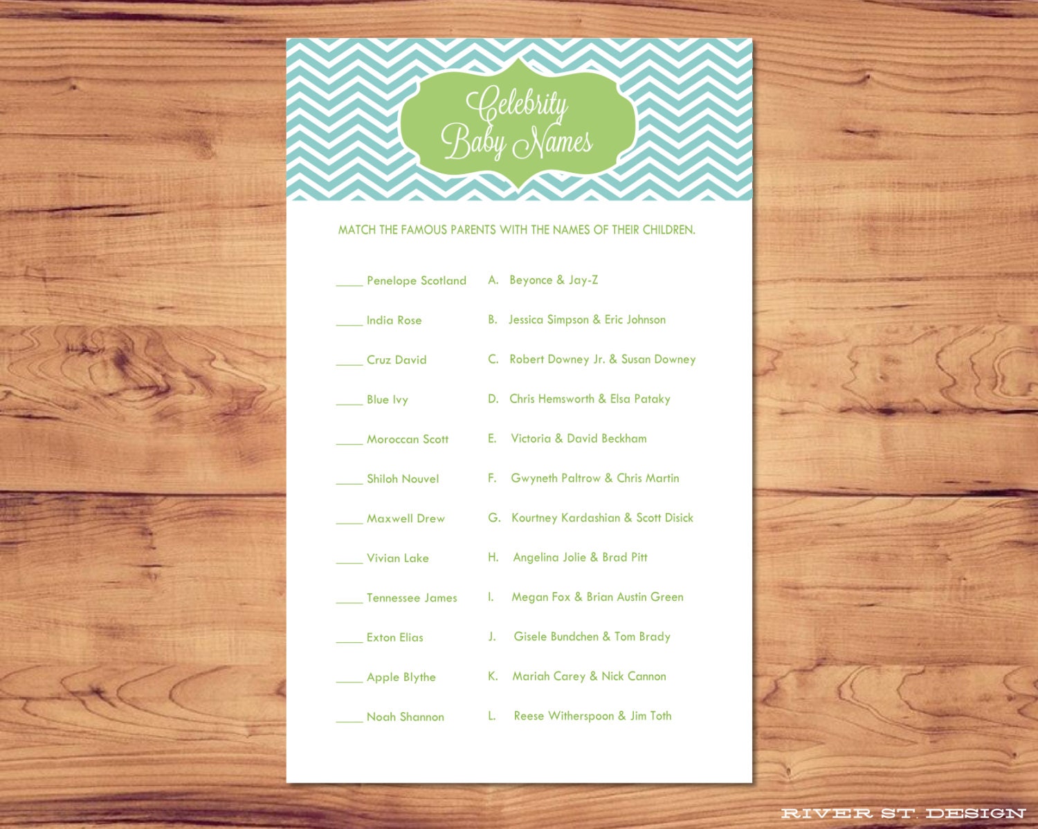 Printable Baby Shower Game - Celebrity Baby Names