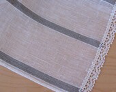 Linen Table Runner Tablecloth Natural White Gray Striped Linen Lace 61" x 21"
