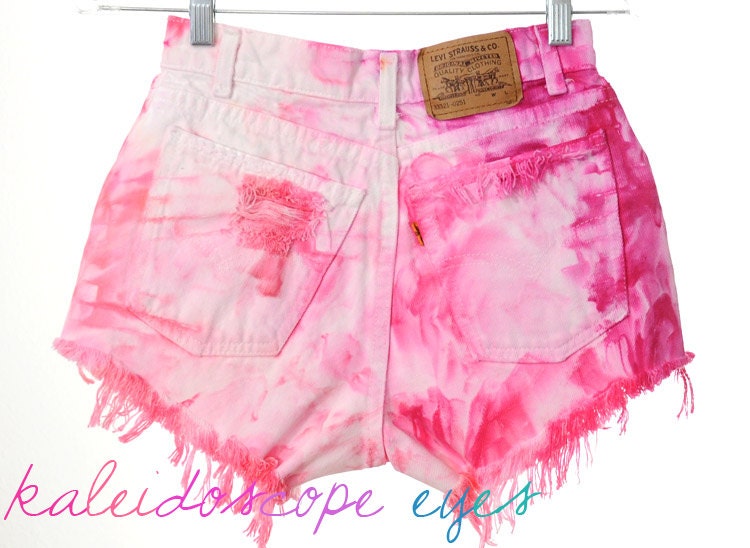 Vintage Levis PINK Colorful MARBLED Dyed Destroyed High Waist Denim Cut Off Shorts XS