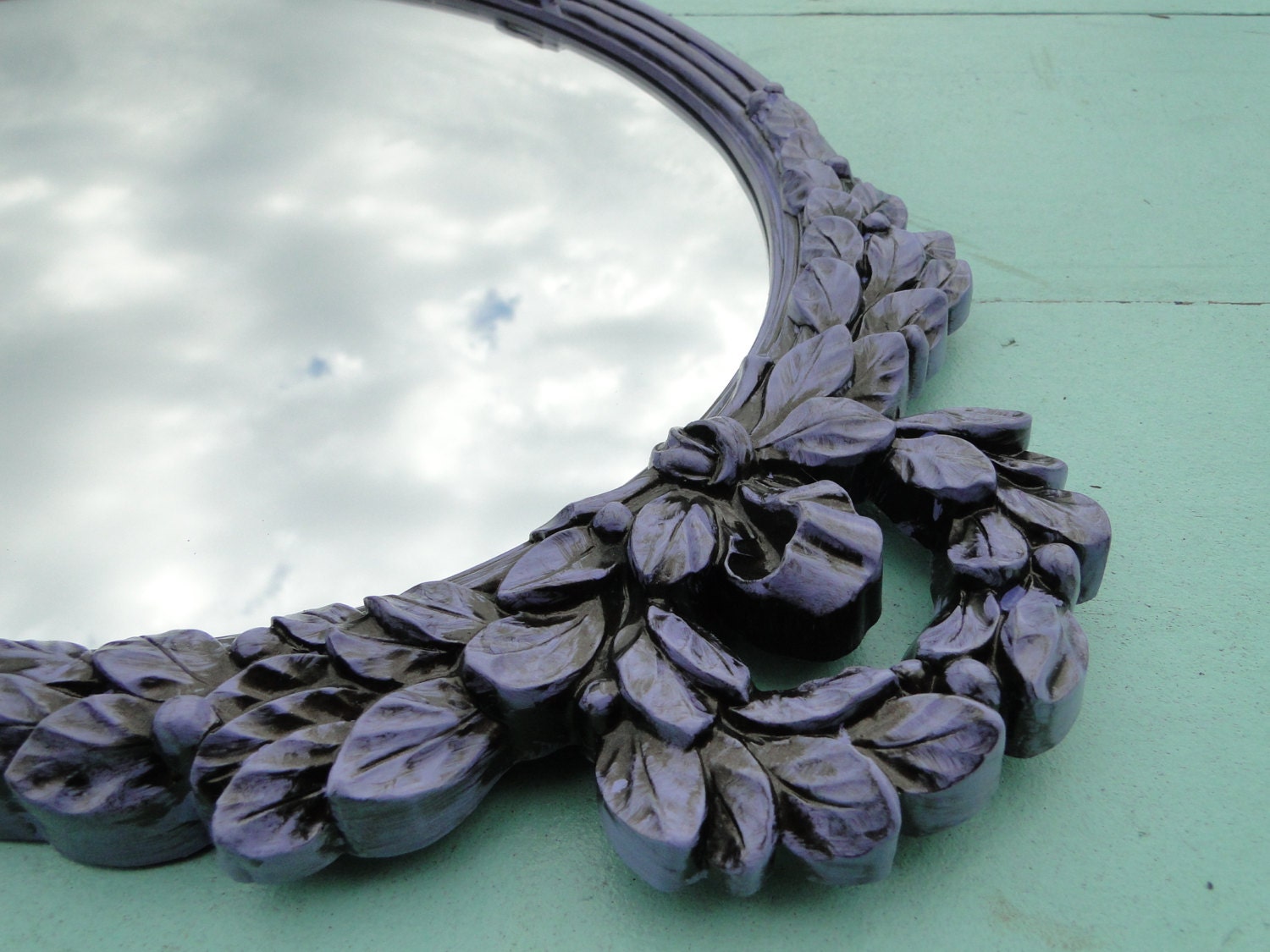 Vintage Ornate Leafy Oval Mirror in an Antiqued Glossy French Lilac lavender purple Hollywood Regency Nursery "Muddy Lilac"