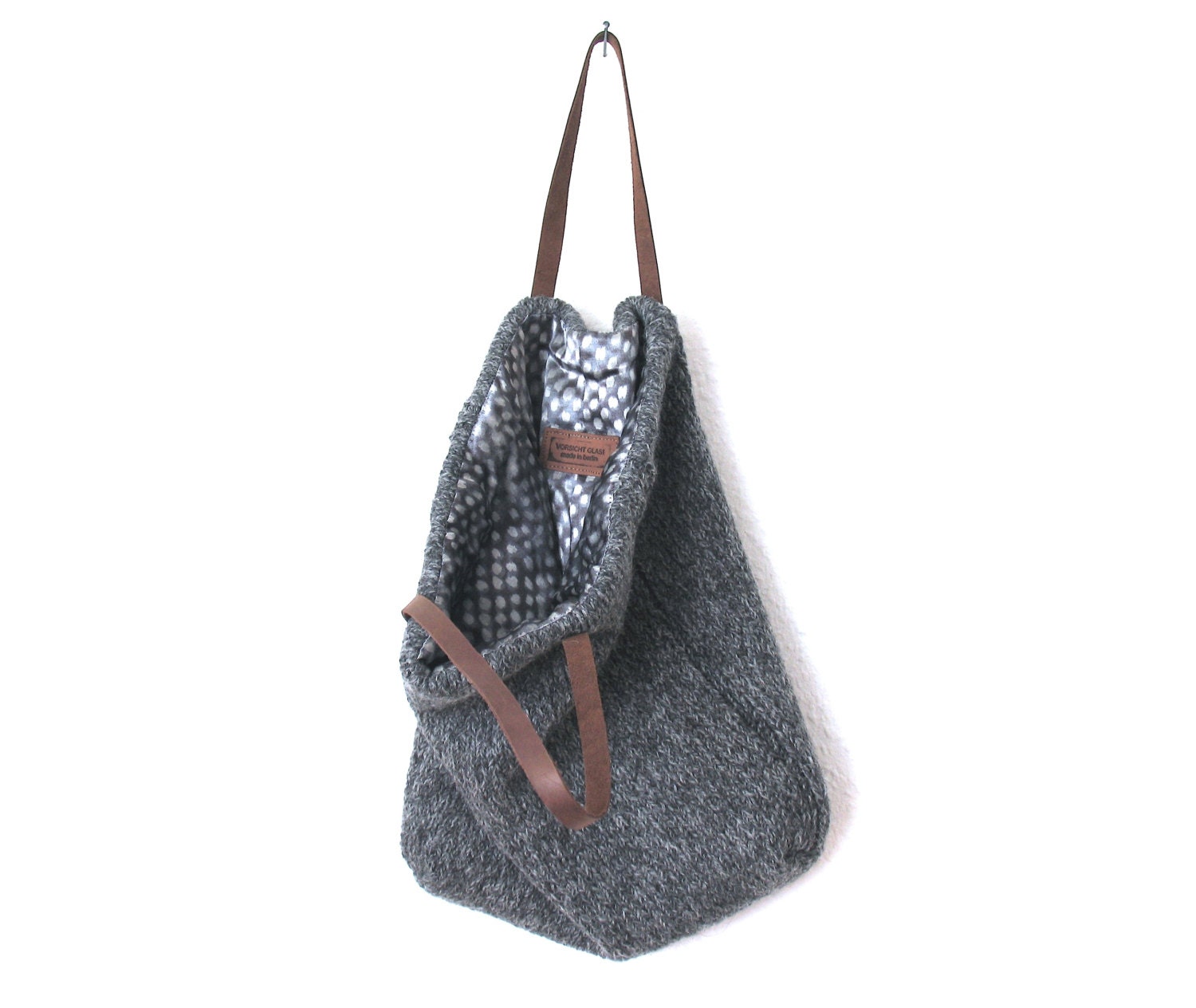Knitted PURSE / WRISTLET, leather handle, gray merino melange, metallic shine grey satin lining - Vorsichtglas Knitted PURSE / WRISTLET, leather handle, gray merino melange, metallic shine grey satin lining - Vorsichtglas