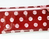 Cash budget envelope system wallet with 6 tabbed dividers // cranberry, pale pink, dots, text, designer laminatd cotton