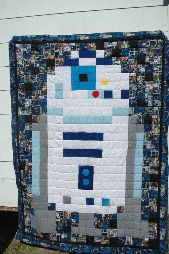 R2D2 Star Wars Pixel Art Quilt - Twin Bed Quilt - Star Wars Quilt