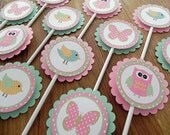 Cupcake Toppers: Pink & Green Woodland Owls Birds and Butterflies - Girl Baby Shower or birthday party decorations
