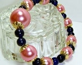 PINK Bracelet, Stretchy Pearl Bracelet, PINK Pearl Bracelet with blue Glass beads, Wedding Gift